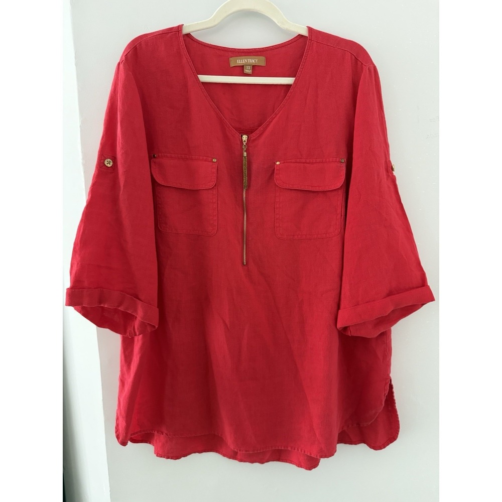 Ellen Tracy 1X 100% Linen Blouse Red Zip Front Tassel Roll Tab Sleeve Plus